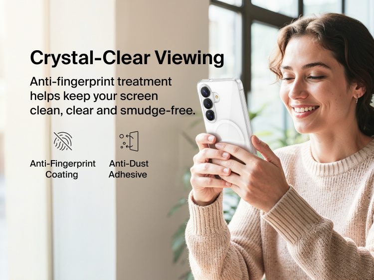 Belkin SheerForce Titan Protective Bundle for Samsung Galaxy S26 showcasing anti-fingerprint screen protector and clear MagSafe-compatible case for smudge-resistant, crystal-clear viewing and everyday protection.