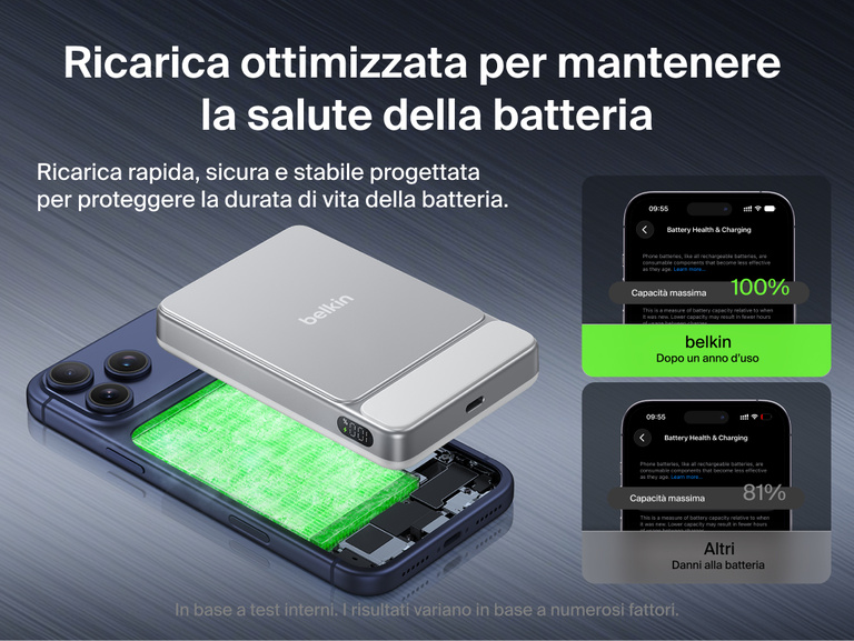 Belkin UltraCharge Slim Magnetic Power Bank 10K highlighting dual chip system, advanced temperature sensors, and real-time monitoring for enhanced charging safety and protection