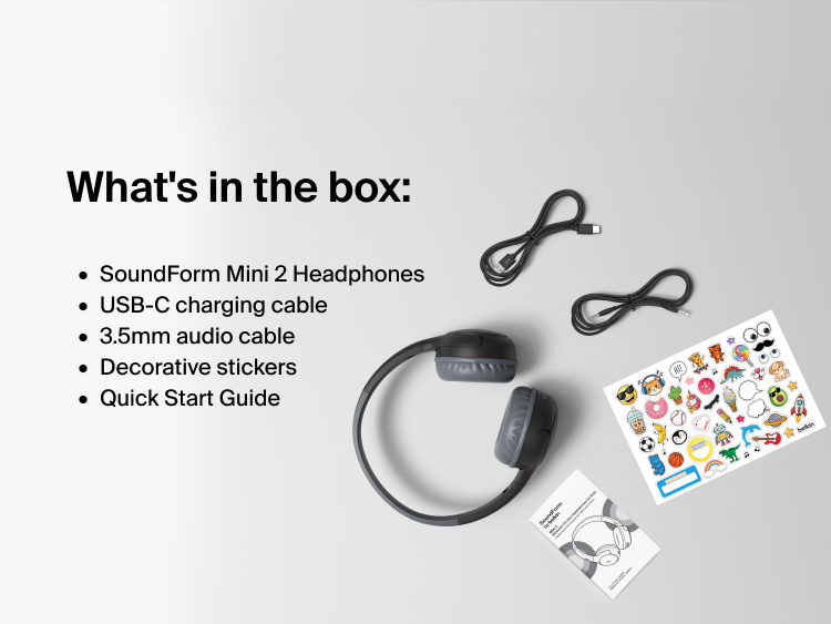 SoundForm Mini 2 Wireless On-Ear Headphones for Kids package contents laid out: headphones, USB-C charging cable, 3.5mm audio cable, decorative sticker sheet, and Quick Start Guide, with a Whats in the box label
