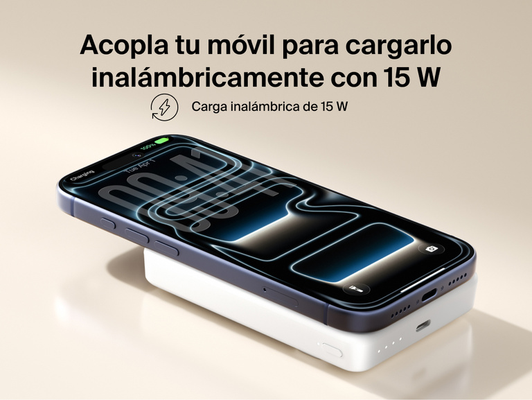 Slim Magnetic Power Bank 10K with Qi2 magnetically attached to smartphone demonstrating wireless charging capability