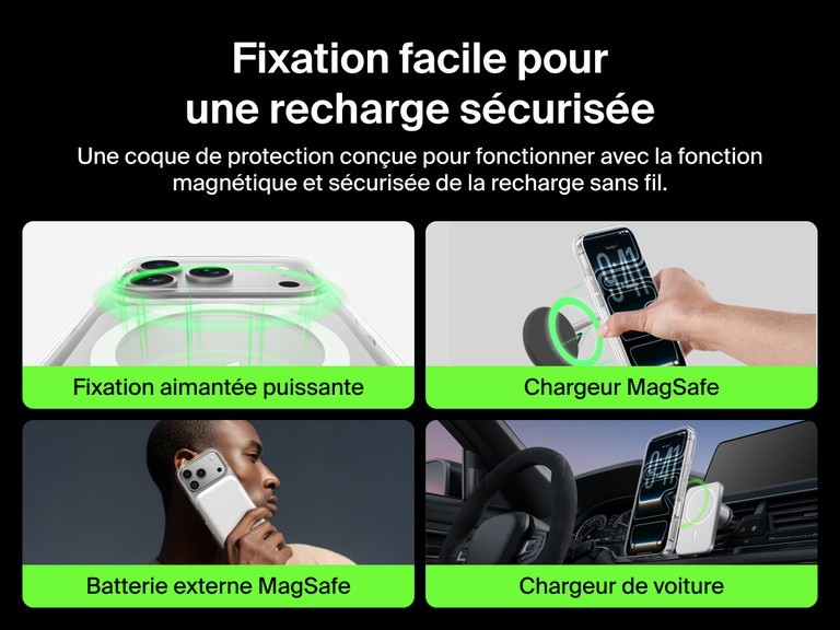 Belkin SheerForce Clear Series Case for iPhone 17 supports MagSafe accessories with strong magnetic attachment for chargers, power banks, and car mounts.