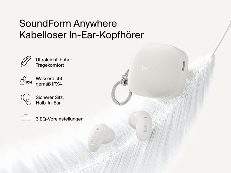 Belkin SoundForm Anywhere Wireless Earbuds with charging case shown on feather highlighting lightweight comfort, secure semi in-ear fit, IPX4 water resistance, and 3 EQ presets.
