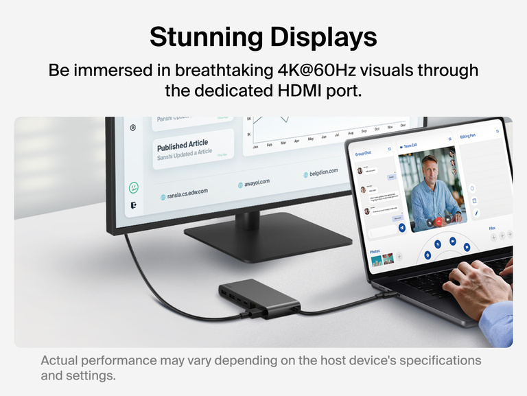 Belkin Connect 8-Port USB-C Hub with 2.5Gb Ethernet connecting a laptop to an external monitor via HDMI, displaying 4K@60Hz visuals for an enhanced and immersive viewing experience.