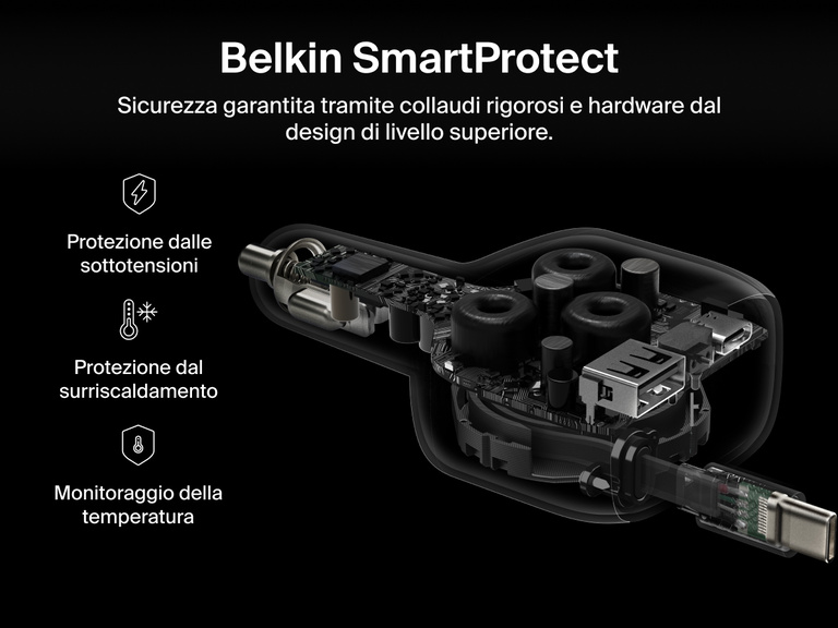 Immagine del caricabatteria da auto con cavo retrattile da 75 W Belkin BoostCharge con tecnologia Belkin SmartProtect, che include la protezione contro le sovratensioni, la protezione dal surriscaldamento e il monitoraggio della temperatura per una ricarica sicura.