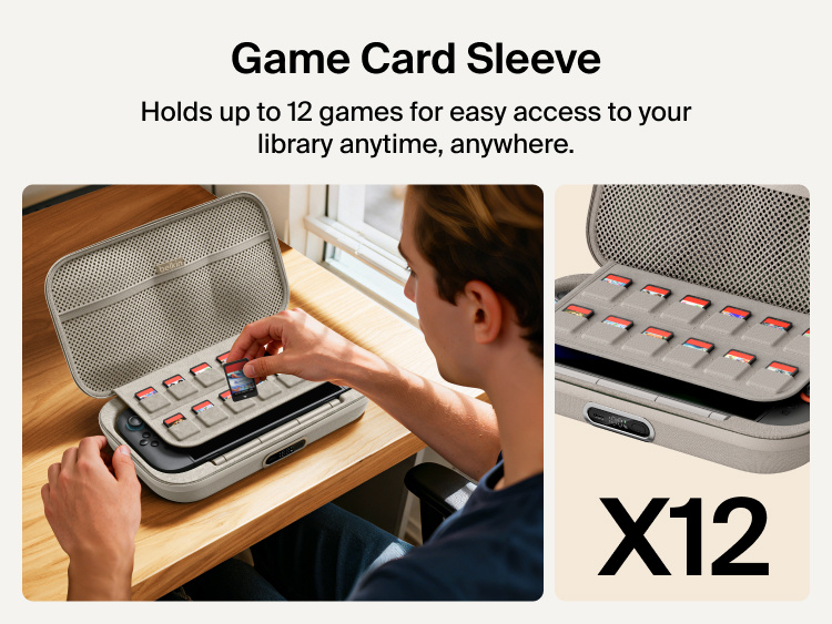 Belkin Gaming Charging Case Pro for Nintendo Switch 2 shown with integrated game card sleeve holding up to 12 cartridges for organized portable storage.