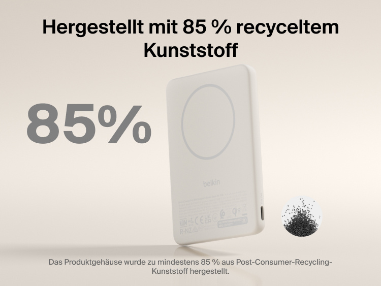 Belkin BoostCharge Slim Magnetic Power Bank 5K with Qi2 shown made with at least 85 percent post-consumer recycled plastic for a more sustainable portable charging solution.