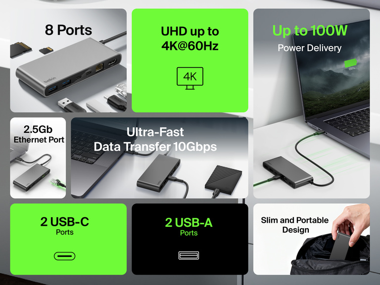 Belkin Connect 8-Port USB-C Hub with 2.5Gb Ethernet shown on desk highlighting 100W power delivery, 10Gbps data transfer, 4K display support, and slim portable design with multiple USB-C, USB-A, and Ethernet ports for expanded connectivity.