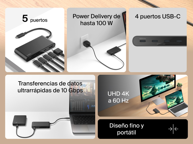 Belkin Connect 5-Port USB-C Hub with 4K HDMI offers 100W power delivery, 10Gbps data transfer, and slim portable design.