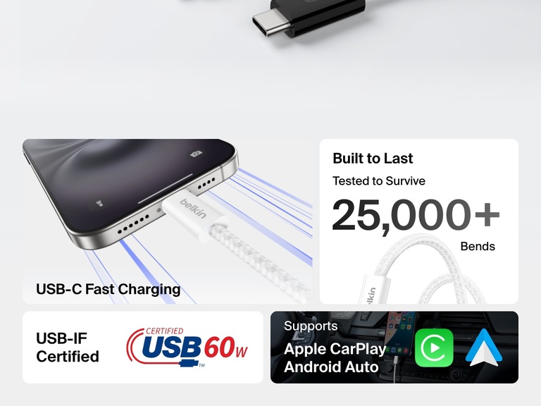 Infographic showcasing the Belkin BoostCharge USB-C to USB-C Cable 60W with features including USB-IF certification, 25,000+ bend durability, fast charging, and compatibility with Apple CarPlay and Android Auto.