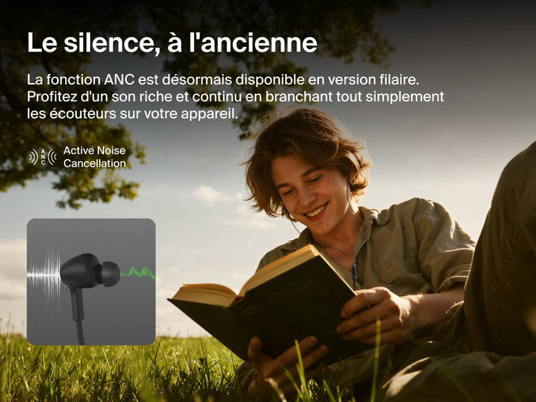Belkin SoundForm ANC Wired Earbuds with USB-C® provide active noise cancellation for rich, uninterrupted sound while reading or relaxing outdoors.