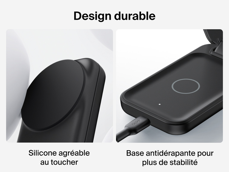 Socle de recharge 3-en-1 aimanté et pliable Belkin UltraCharge avec Qi2 (25 W) doté d'un revêtement en silicone agréable au toucher et d'une base antidérapante pour une recharge sans fil sécurisée et durable.