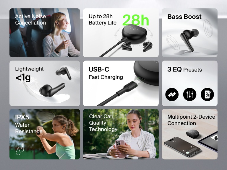 Image showcasing Belkin SoundForm Rhythm ANC Earbuds' features including active noise cancellation, 28-hour battery life, bass boost, lightweight design, USB-C fast charging, 3 EQ presets, IPX5 water resistance, clear call quality, and multipoint 2-device connection.