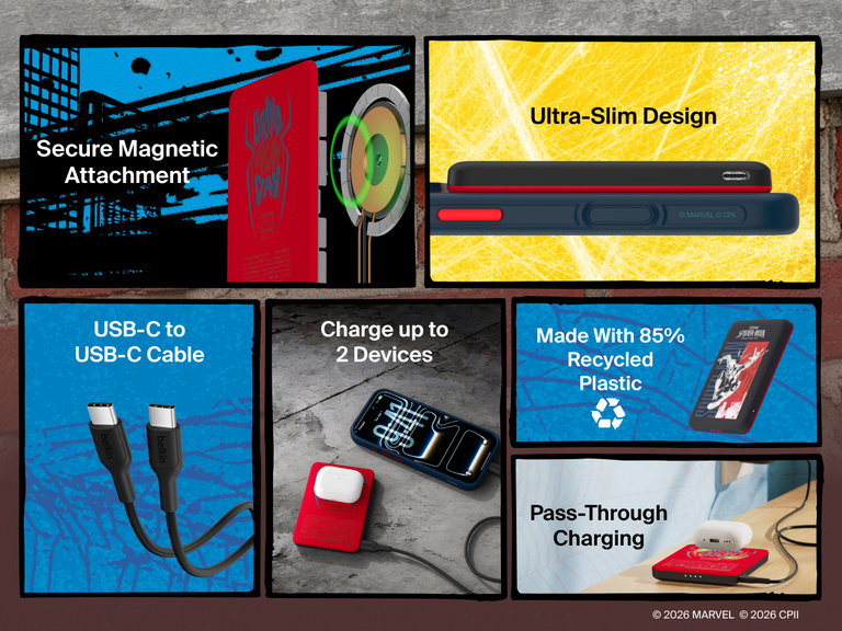 Belkin BoostCharge Slim Magnetic Power Bank 5K shown highlighting key features including secure magnetic ring, ultra-slim design, USB-C to USB-C cable, dual device charging, recycled materials, and pass-through charging capability.