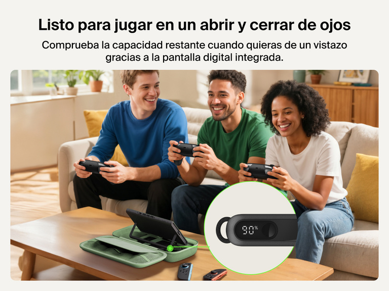 Group of friends gaming on Nintendo Switch 2 while the Belkin Gaming Charging Case powers a console, featuring a close-up of the built-in digital display showing 90% battery level.