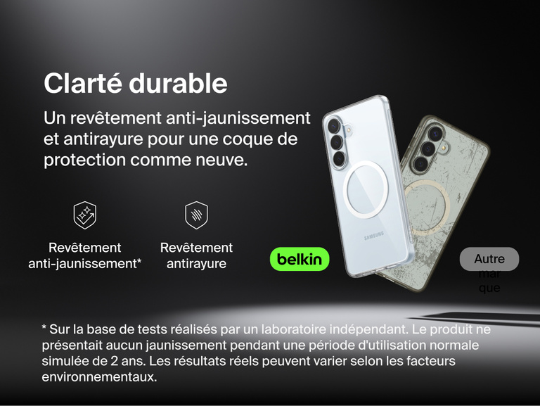 Belkin SheerForce Clear Series Case for Samsung Galaxy S26 shown alongside a comparison case, highlighting long-lasting clarity with anti-yellowing technology and scratch-resistant protection for everyday use.