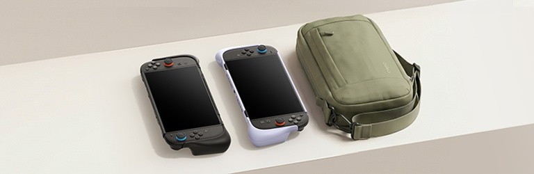 Nintendo Switch 2 consoles and a crossbody carry bag displayed on a minimalist surface, showcasing portable gaming accessories for on-the-go use
