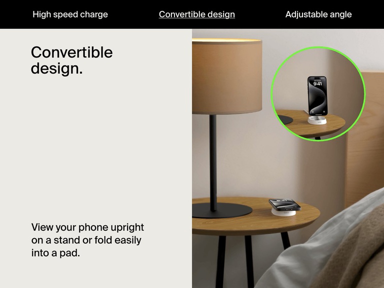 A white Belkin BoostCharge Pro Convertible Magnetic Wireless Charging Stand with Qi2 15W is shown on a bedside table in both upright stand and flat pad positions, highlighting its versatile convertible design.