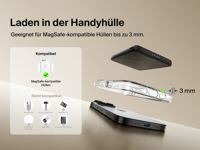 Belkin BoostCharge Slim Magnetic Power Bank 5K shown aligning with a smartphone and MagSafe-compatible case, demonstrating wireless charging through cases up to 3mm thick.