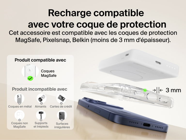 Slim Magnetic Power Bank 10K with Qi2 hovering above smartphone with case demonstrating compatibility and magnetic alignment