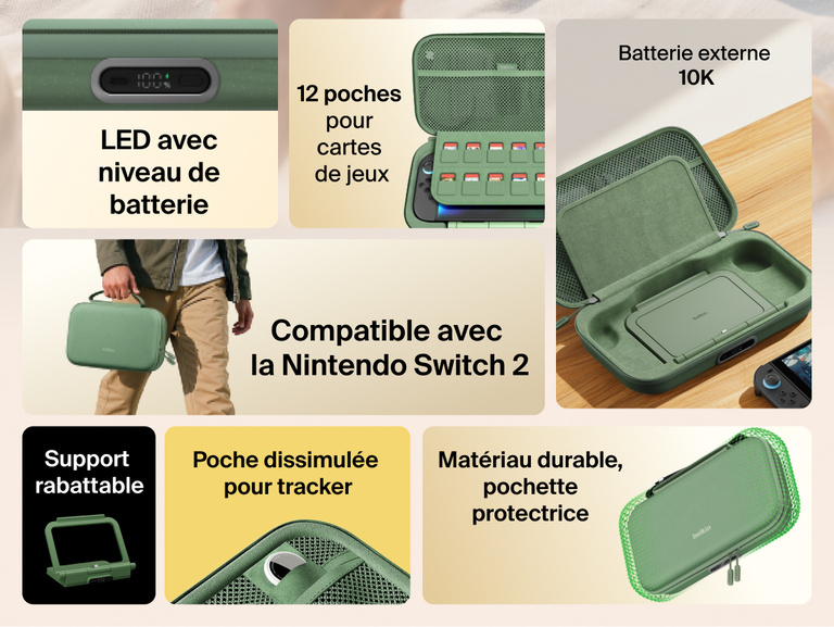 Feature overview of the Belkin Gaming Charging Case Pro for Nintendo Switch 2 highlighting built-in 10K power bank, LED battery indicator, flip-up stand, game card storage, smart tracker pocket, and durable protective design.