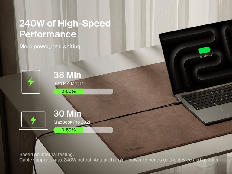 Belkin BoostCharge Pro USB-C to USB-C Braided Cable 240W shown charging a laptop with overlay text highlighting fast charging speeds for iPad Pro and MacBook Pro.