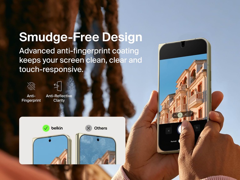 Belkin Titan SmartShield Anti-Reflective Screen Protector for Google Pixel 11 featuring a smudge-free, anti-fingerprint coating for clear outdoor viewing.