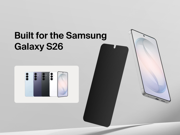 Belkin ScreenForce Titan SmartShield Privacy Filter Screen Protector for Samsung Galaxy S26 shown aligned with the device, illustrating a precise, edge-to-edge fit designed specifically for Galaxy S26 models.