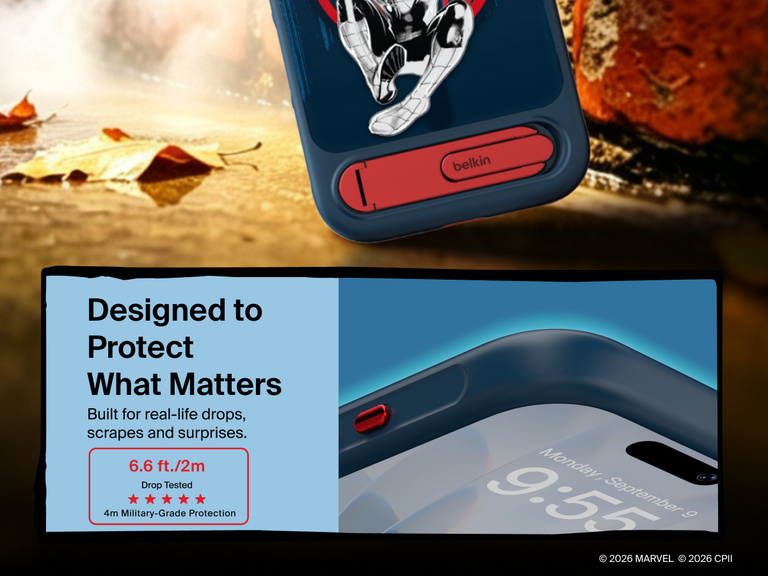 Belkin SheerForce Spider-Man Magnetic Protective Case with Kickstand for iPhone showcasing 6.6-foot drop protection, clear back design, and integrated stand.