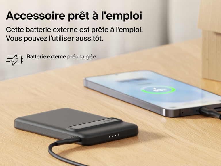 Belkin BoostCharge Slim Magnetic Power Bank 5K with Qi2 shown precharged and ready to deliver fast, portable wired or magnetic wireless charging straight out of the box.