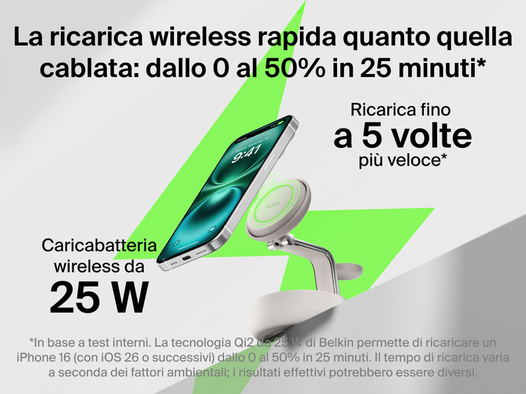 Il dock di ricarica magnetica 3 in 1 con Qi2 da 25 W Belkin UltraCharge Pro offre una ricarica wireless veloce quanto quella cablata, ricaricando un iPhone dallo 0 al 50% in 25 minuti.