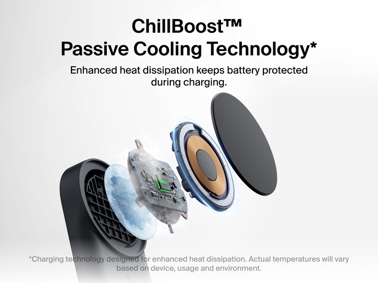Belkin UltraCharge 2-in-1 Foldable Magnetic Charger with Qi2 25W featuring ChillBoost™ passive cooling technology for enhanced heat dissipation and battery protection during charging.