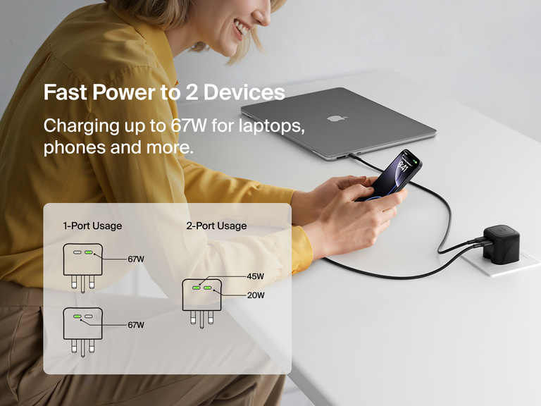 Belkin BoostCharge Pro Dual USB-C GaN Wall Charger 67W shown charging a laptop and smartphone simultaneously, delivering up to 67W total output for fast, efficient dual-device charging.