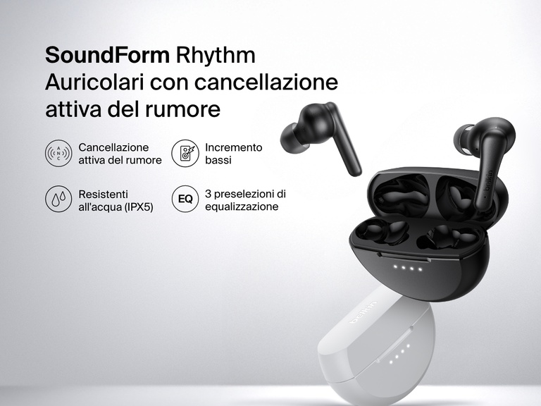 Immagine degli auricolari con cancellazione del rumore Belkin SoundForm Rhythm ANC posizionati nelle custodie di ricarica di colore bianco e nero, e dotati di cancellazione attiva del rumore, bassi profondi, resistenza all'acqua di grado IPX5 e 3 preselezioni di equalizzazione.