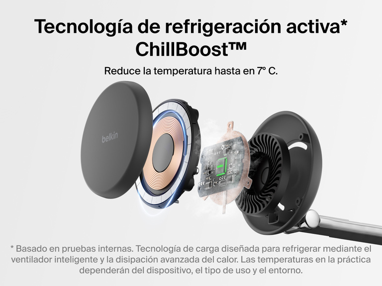 La estación magnética de carga 3 en 1 con Qi2 25W Belkin UltraCharge Pro utiliza la tecnología de refrigeración activa ChillBoost™ para reducir la temperatura de tu iPhone hasta en 7 grados mientras se recarga por carga rápida.