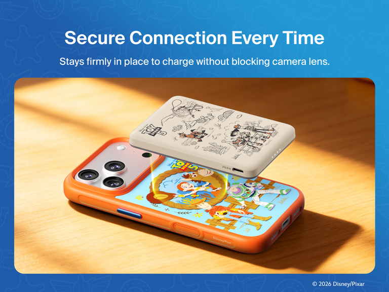 Belkin BoostCharge Slim Magnetic Power Bank 5K shown magnetically aligned between a smartphone and wallet accessory, demonstrating precise magnetic ring for secure attachment and camera-safe design.