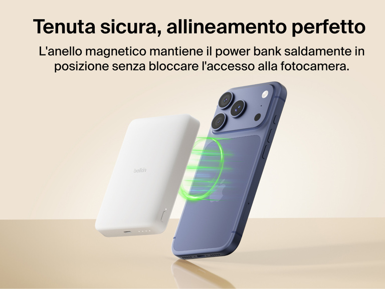 Belkin BoostCharge Slim Magnetic Power Bank 10K magnetically aligning to a smartphone for secure hold and wireless charging without blocking the camera