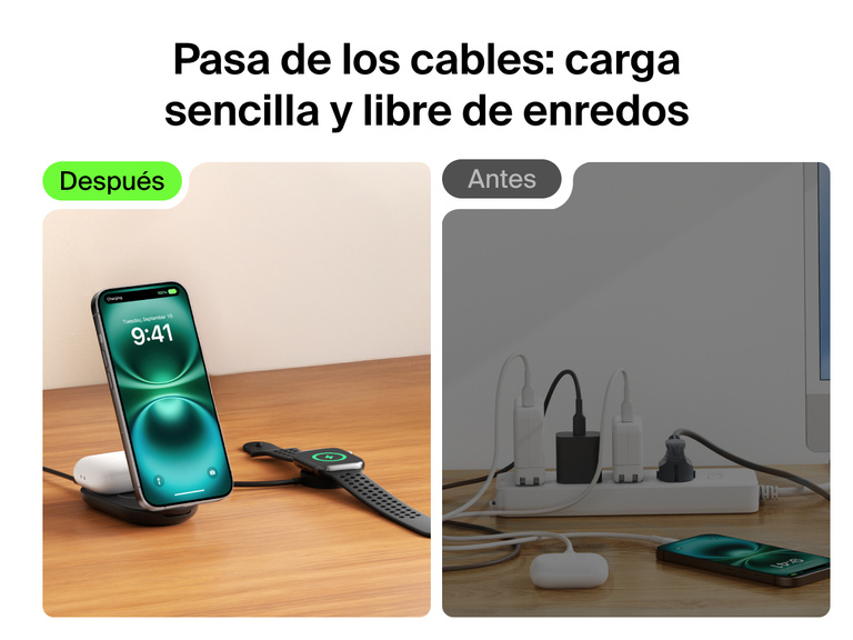 El cargador magnético plegable 2 en 1 con Qi2 25W Belkin UltraCharge brinda una solución elegante de carga inalámbrica sin cables para que puedas cargar a la vez tu iPhone, AirPods y Apple Watch.
