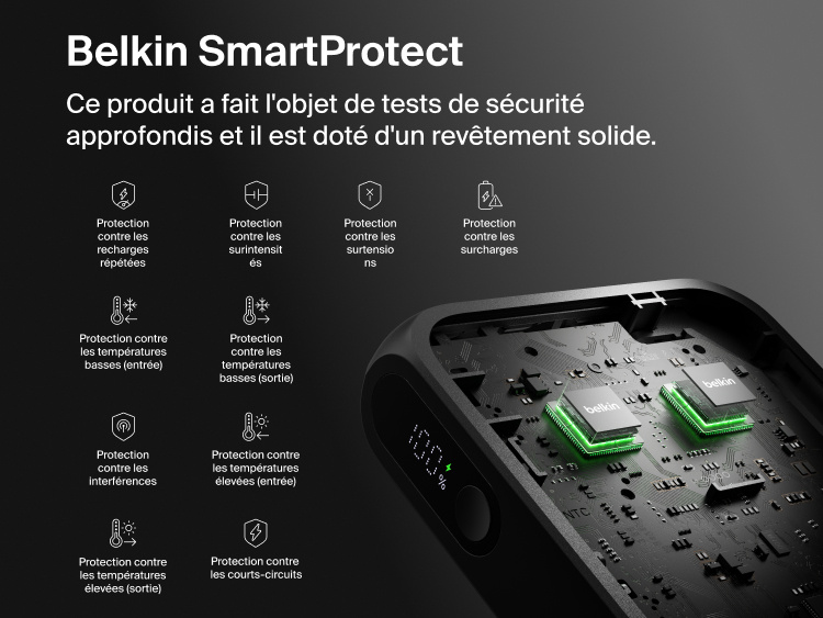 Belkin UltraCharge 10K power bank with integrated USB-C cable and digital display featuring SmartProtect safety system with multiple protection layers for reliable charging