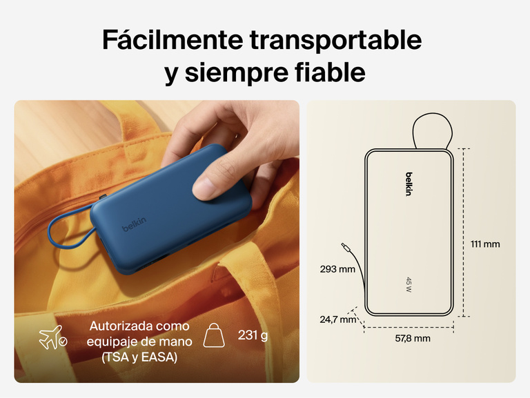Belkin UltraCharge 10K power bank with integrated USB-C cable and digital display shown as a lightweight, TSA carry-on approved portable charger for everyday travel
