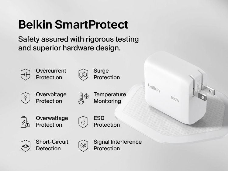 BoostCharge USB-C GaN Wall Charger 100W with Belkin SmartProtect safety features including overcurrent, overvoltage, surge, temperature, and short-circuit protection for reliable device charging