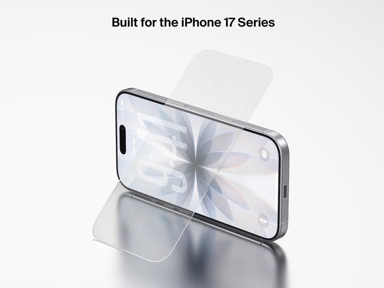 Belkin ScreenForce TemperedGlass Screen Protector shown on the latest iPhone, providing durable edge-to-edge protection with crystal-clear clarity.