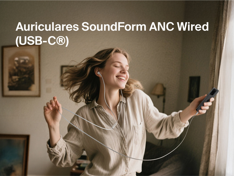 Belkin SoundForm ANC Wired Earbuds with USB-C® shown in use, delivering high-quality sound with active noise cancellation.