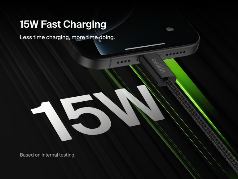 Close-up image of the Belkin BoostCharge USB-A to USB-C Cable 15W fast charging a smartphone, emphasizing its efficient 15W power delivery for quicker charging times.