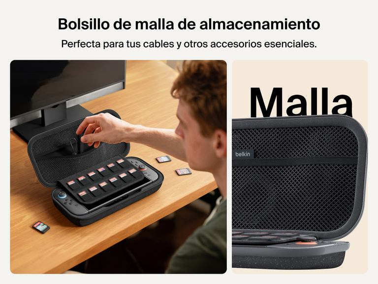 Un gamer accediendo al compartimento de malla de la funda con cargador de Belkin Gaming para Nintendo Switch 2. Este bolsillo es ideal para guardar cables y accesorios y a su lado se ha incluido también una lengüeta de almacenamiento de tarjetas de juegos.