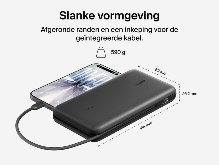 Belkin UltraCharge Pro Laptop Power Bank 25K with slim, rounded design and integrated cable, compact 25,000 mAh portable charger with digital display