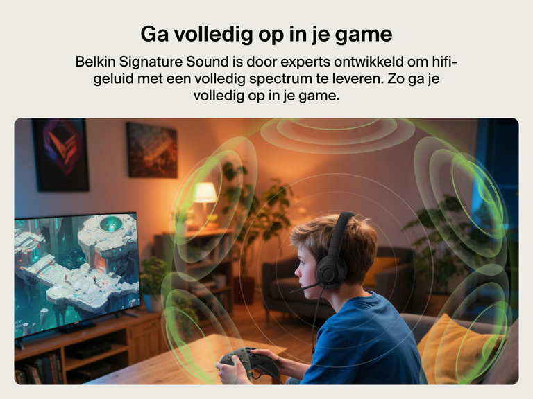 Een kind draagt ​​de Belkin Gaming Inspire bedrade headset voor kinderen voor de Nintendo Switch 2 tijdens het gamen op een tv, met getekende geluidsgolven die de meeslepende Belkin Signature Sound voorstellen.