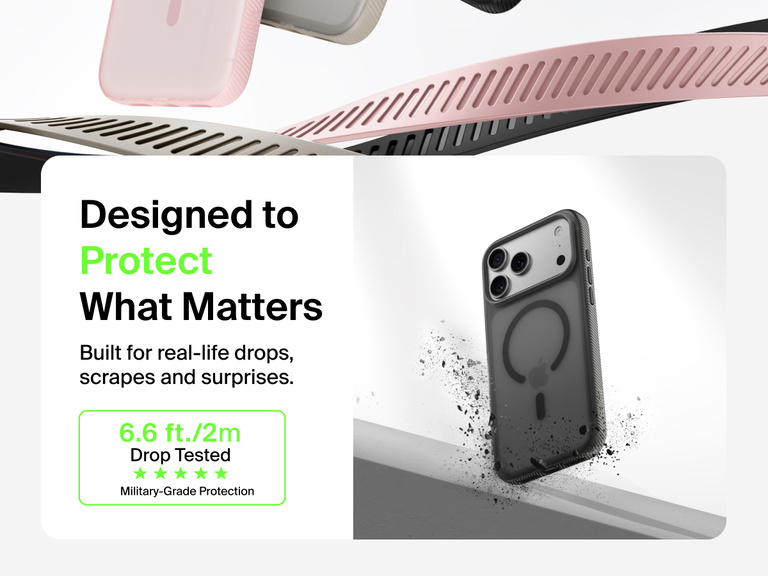 Belkin SheerForce Grip Series Case for iPhone 17 shown with textured grip and impact protection against drops.