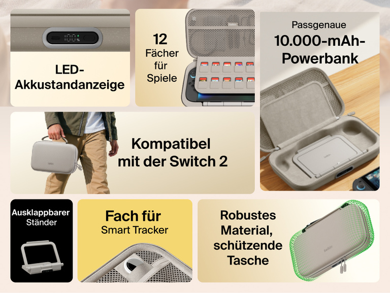 Feature overview of the Belkin Gaming Charging Case Pro for Nintendo Switch 2 highlighting built-in 10K power bank, LED battery indicator, flip-up stand, game card storage, smart tracker pocket, and durable protective design.