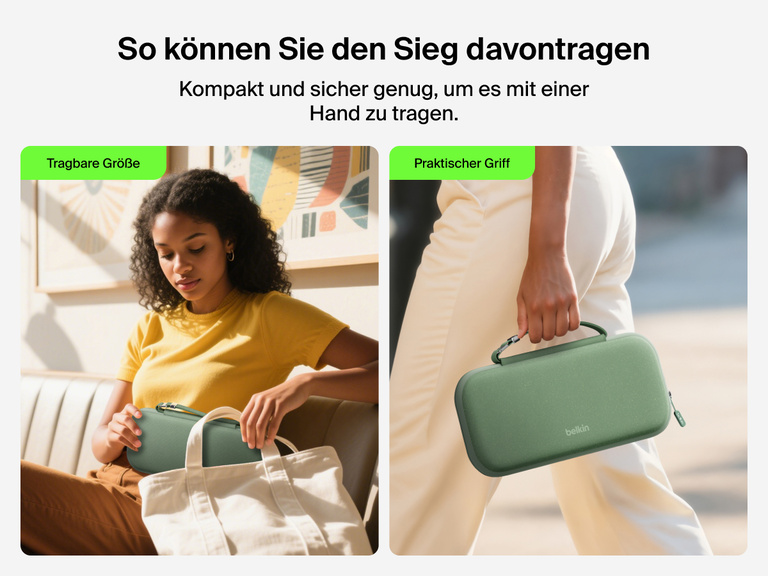 Belkin Gaming Travel Case for Nintendo Switch 2 shown being packed into a tote and carried by its handle, highlighting its portable size and easy-grip convenience for travel.