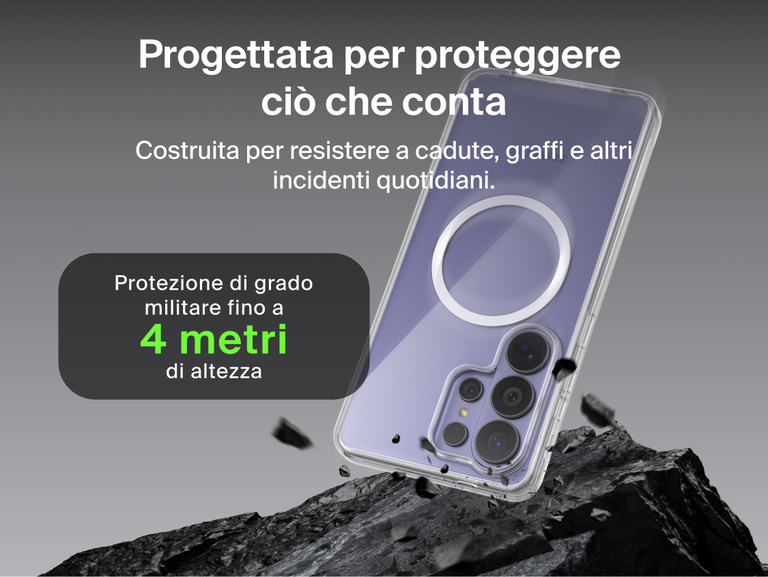 Belkin SheerForce Clear Series Case for Samsung Galaxy S26 shown protecting a phone during impact, highlighting slim design with 13 ft / 4 m military-grade drop protection and built-in Qi2 wireless charging support.